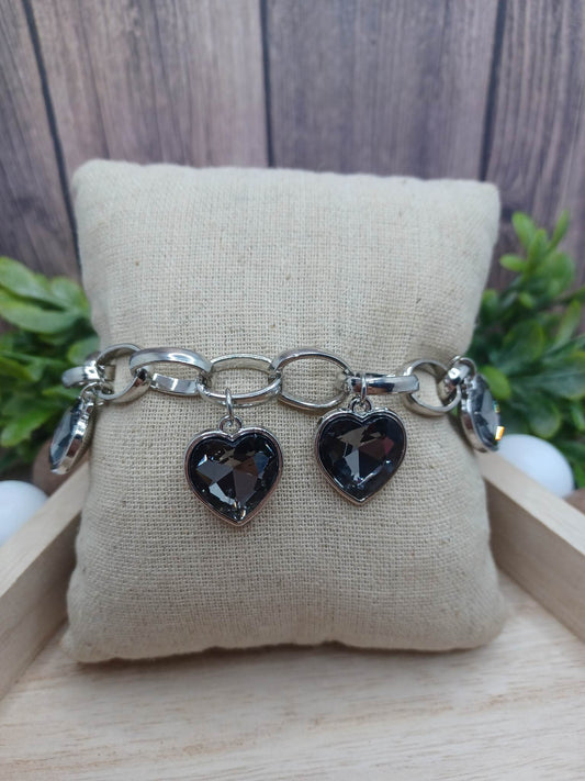 Silver Chain Style Bracelet/Anklet w/ Hematite Heart Charms