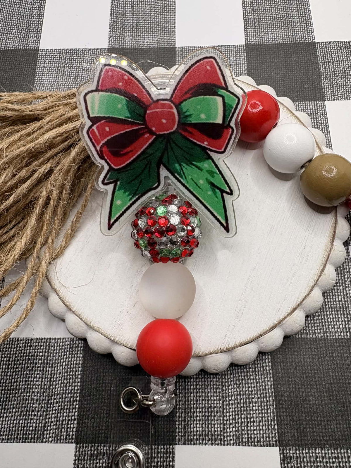 Red & Green Christmas Bow Badge Reel