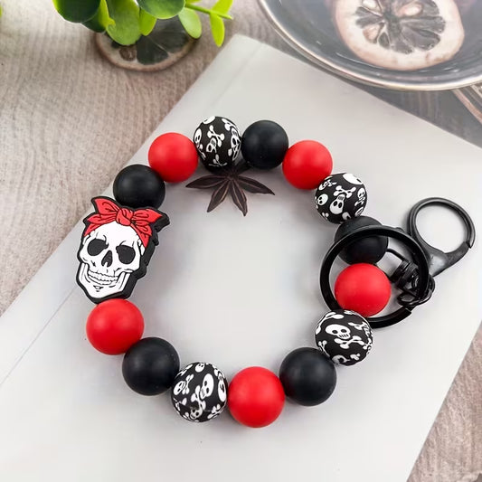 Black & Red Beaded Skull Wristlet Keychain