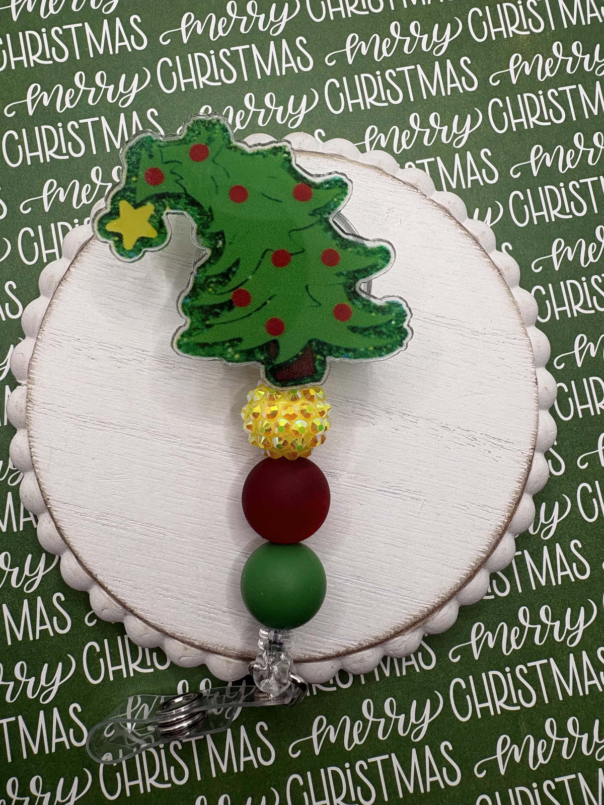 Christmas Tree Beaded Badge Reel - Yellow, Red, Green