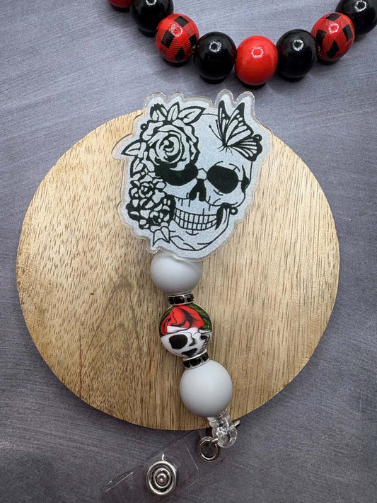 Floral Skull Beaded Badge Reel