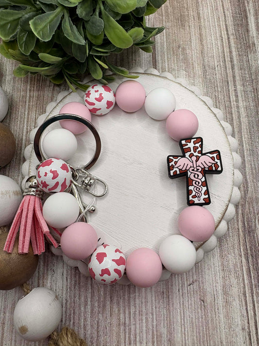 Light Pink & White Beaded Nurse Cross Wristlet