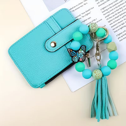 Teal Wristlet Wallet w/ Butterfly Beaded Wristlet
