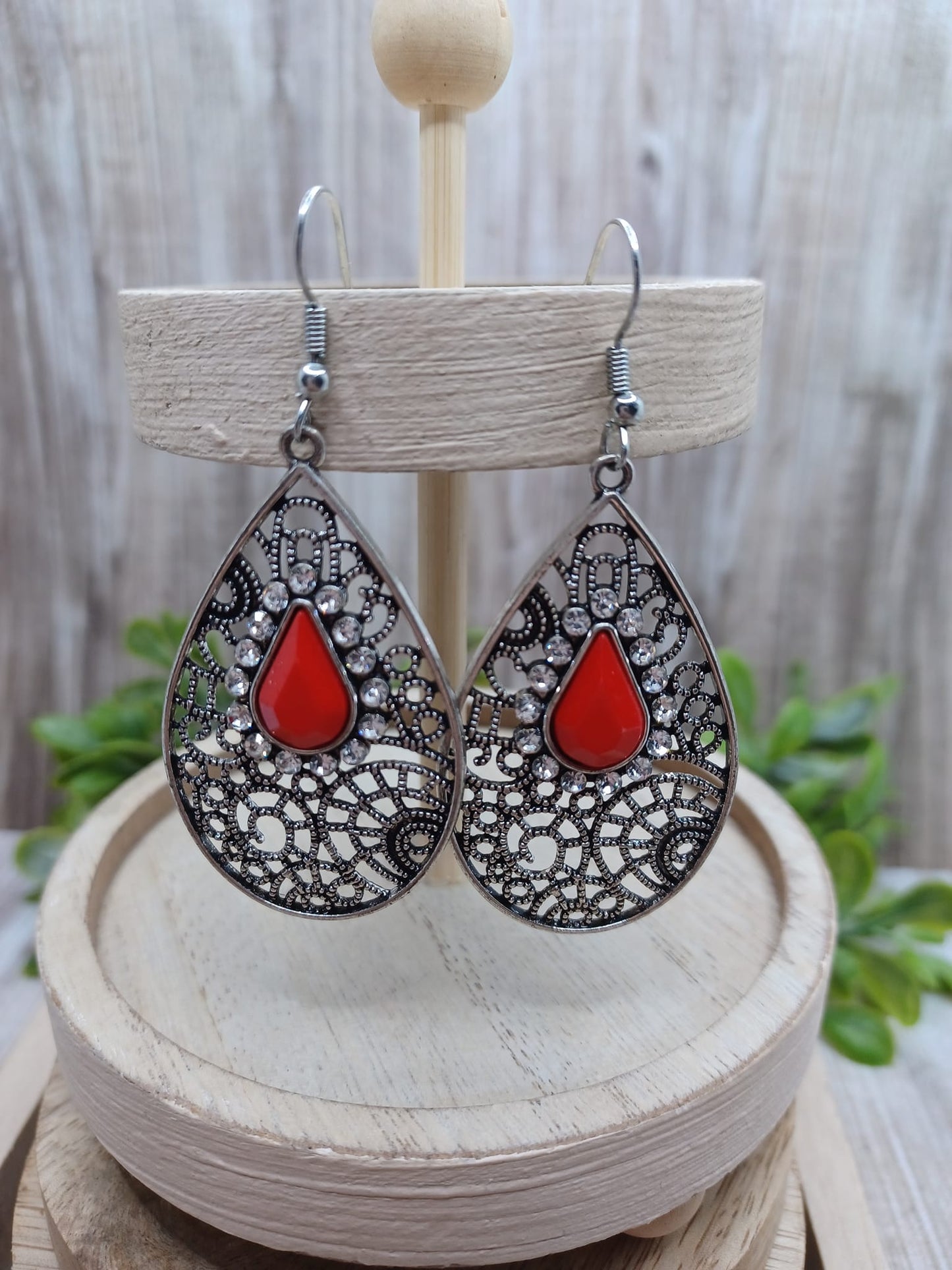 Silver Teardrop Earrings w/ Red Beading & White Rhinestones