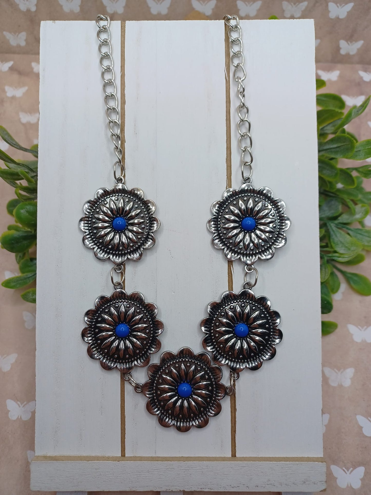Silver Flower Necklace w/ Blue Beaded Centers