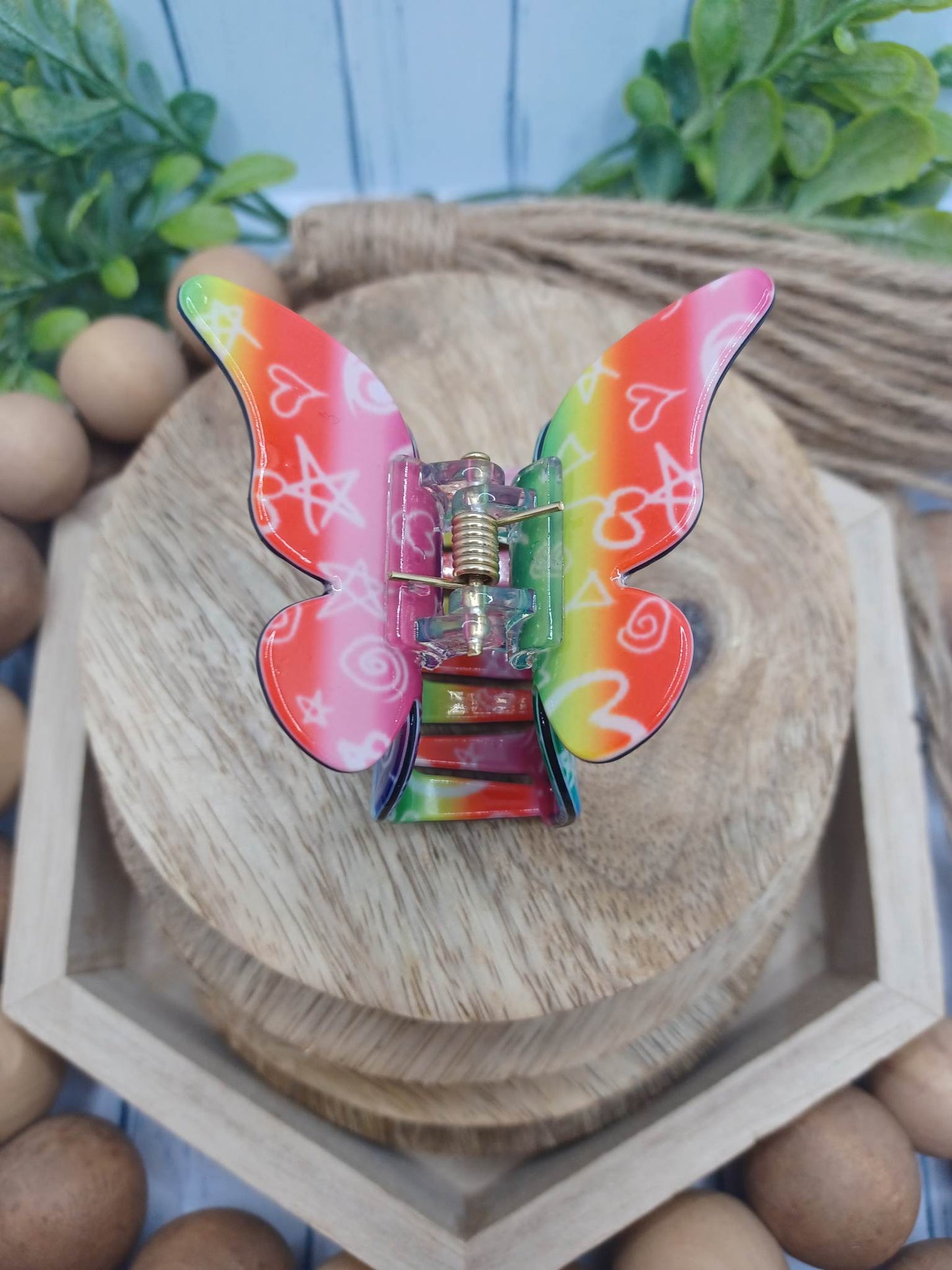 Multicolored Butterfly Hair Claw Clip w/ White Outlined Shapes