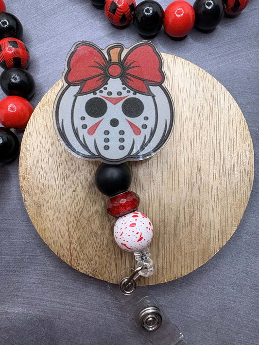 Skeleton Pumpkin Halloween Beaded Badge Reel