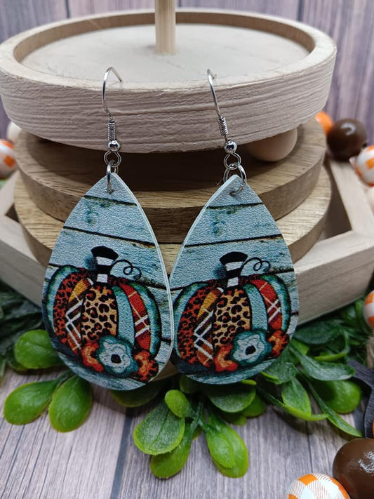 Teal Striped & Patterned Pumpkin Earrings