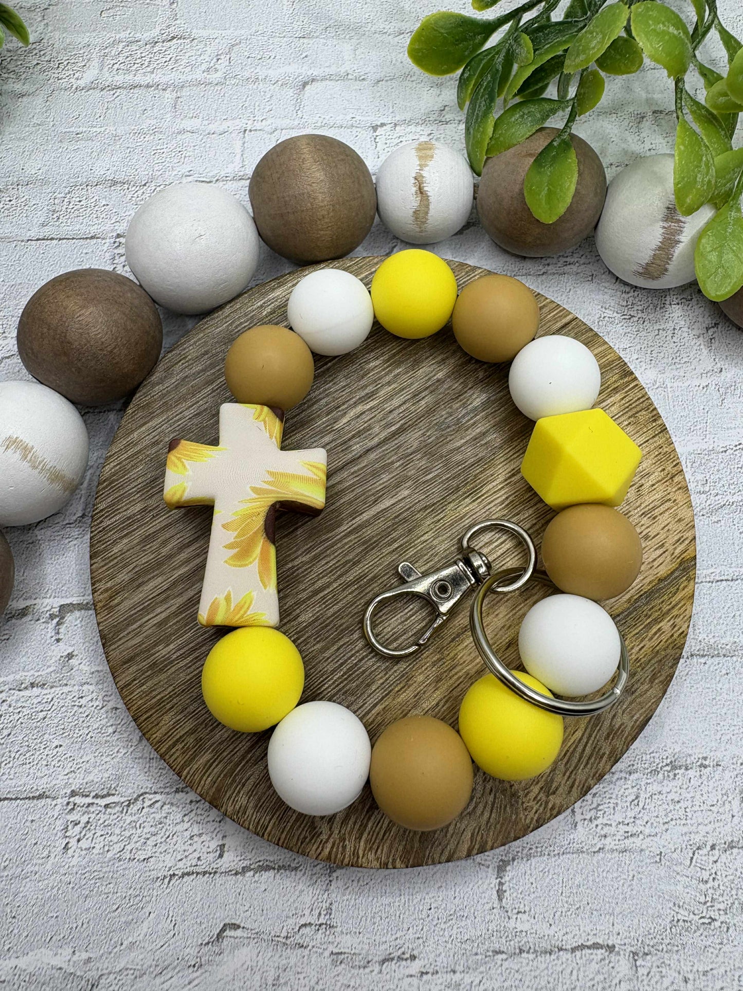 Sunflower Cross Beaded Wristlet Keychain