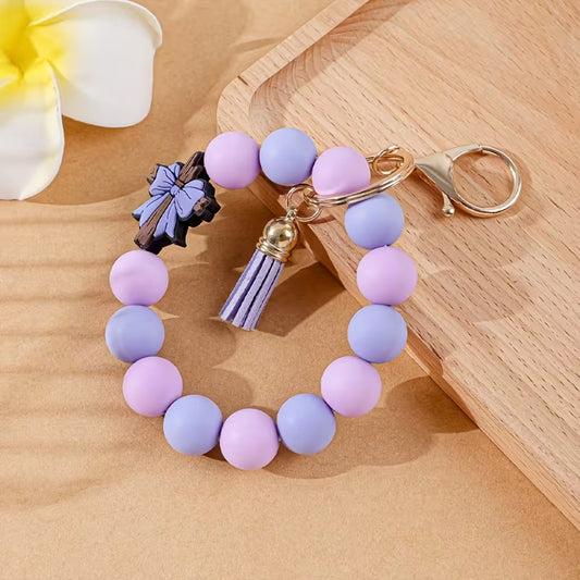 Purple Beaded Cross Wristlet Keychain