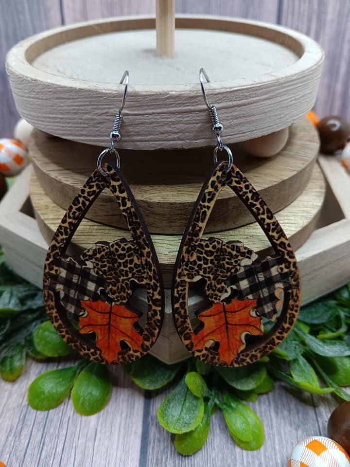 Leopard & Plaid Wooden Leaf Earrings