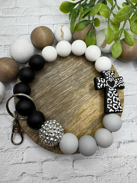 Leopard Cross Beaded Wristlet Keychain