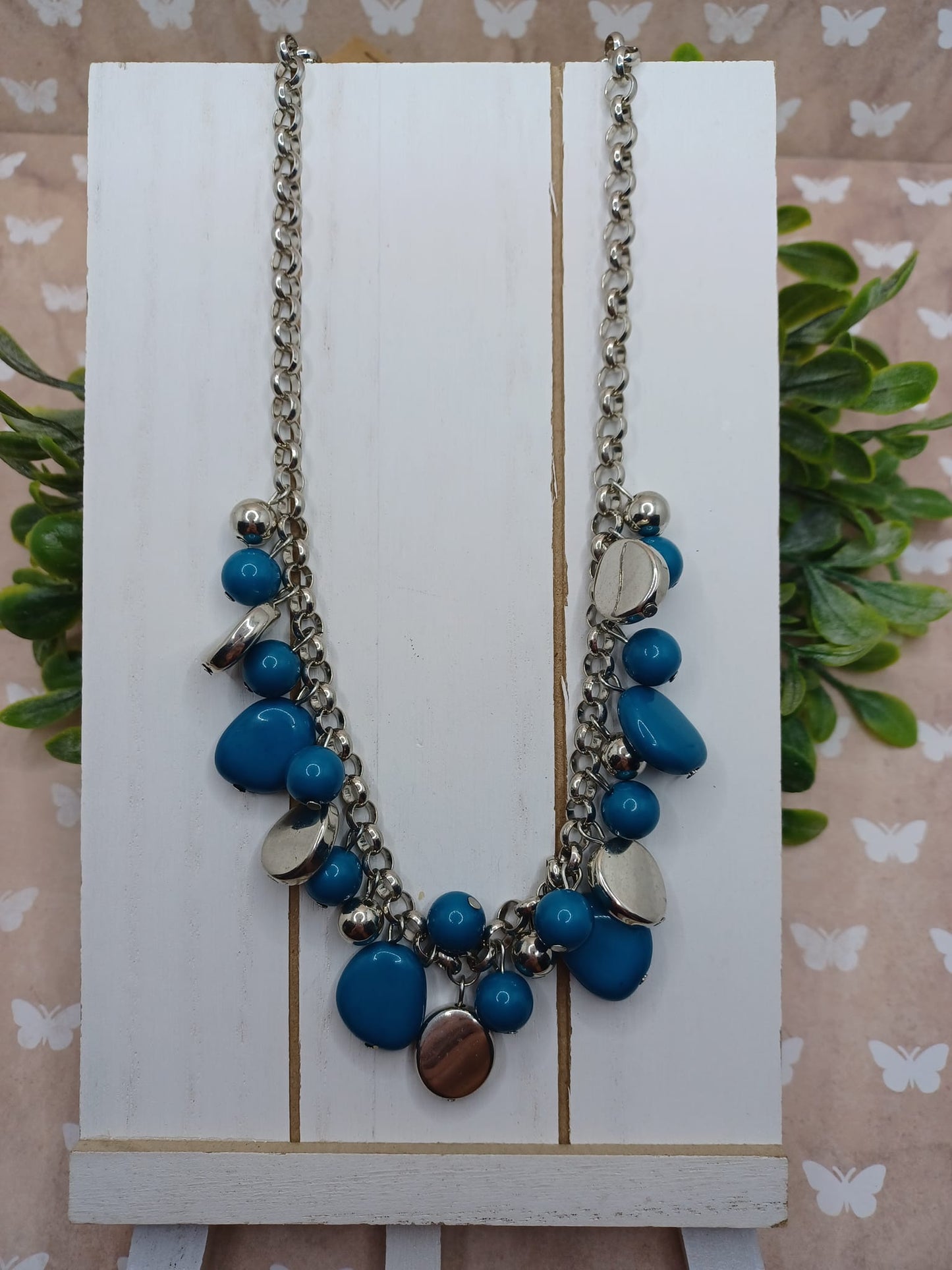 Silver Necklace w/ Silver & Blue Beading