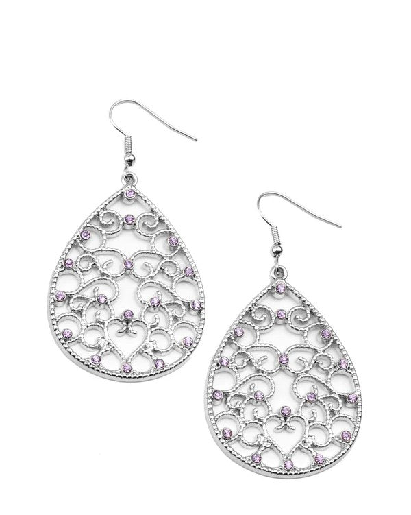 Silver Teardrop Earrings w/ Purple Rhinestone Accents