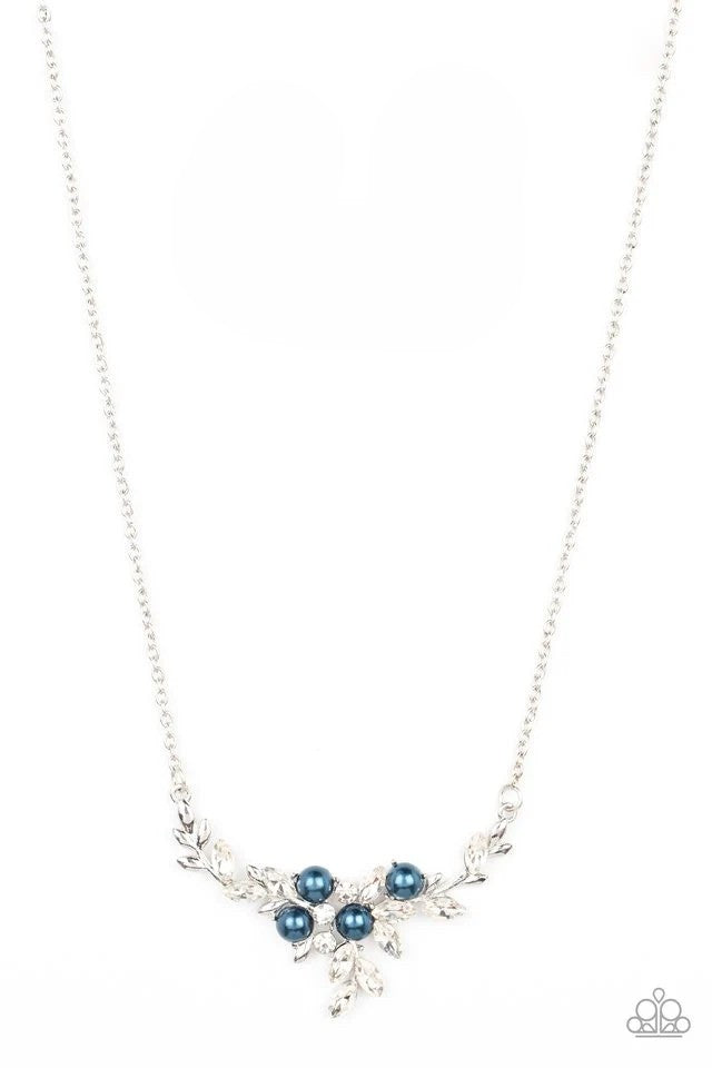Dainty Silver Necklace w/ Blue Pearl & Rhinestone Accents