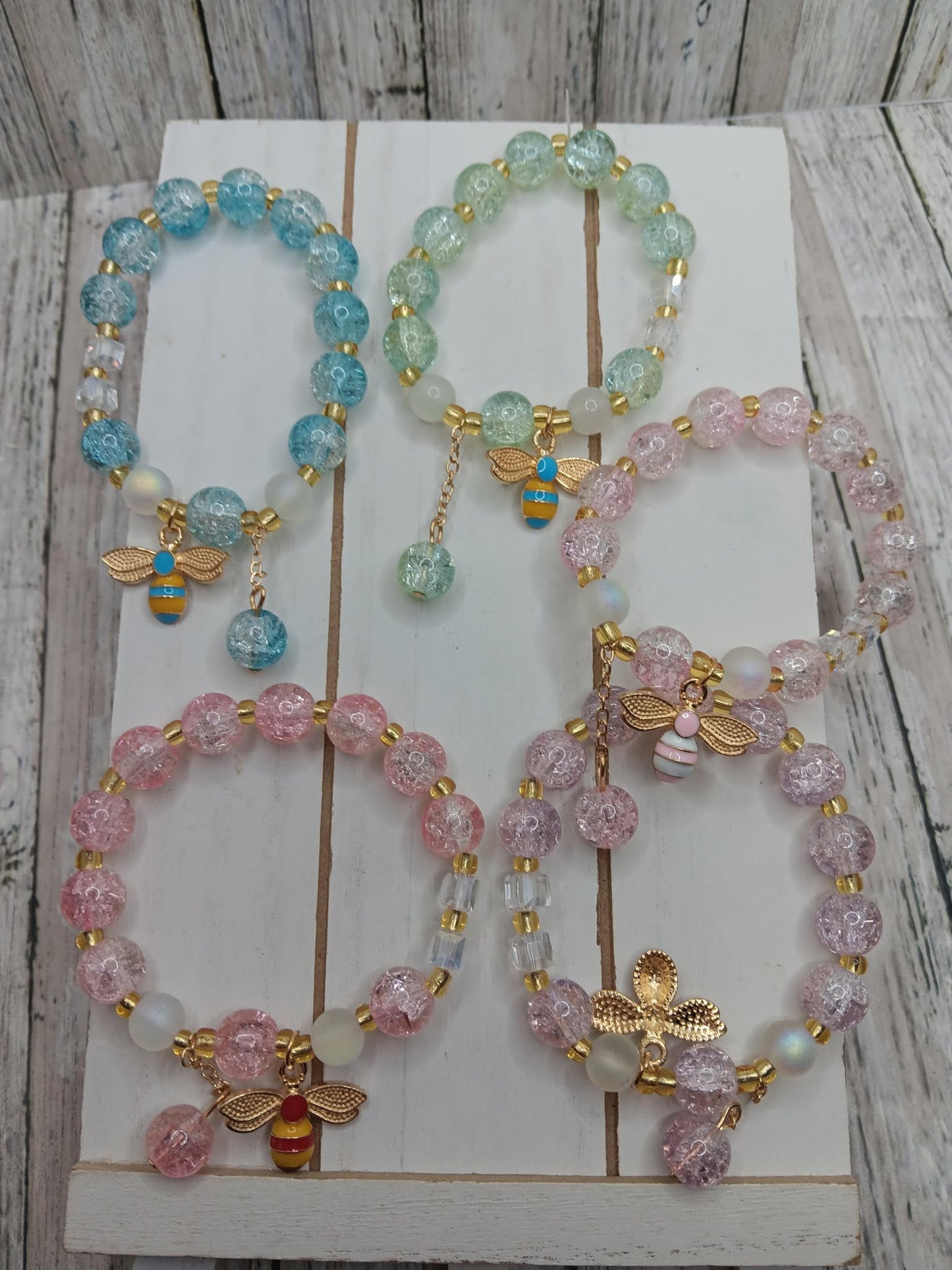Pink Bee Beaded Bracelet w/ Black & Yellow Bee Charm