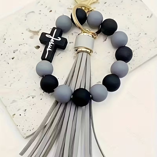Jesus Beaded Wristlet w/ Tassel - GREY