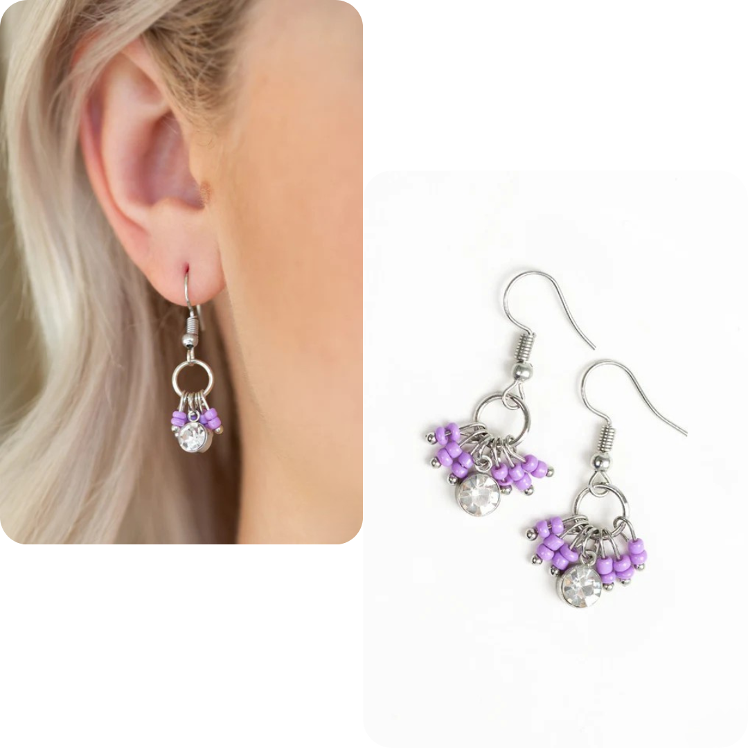 Dainty Silver Earrings w/ Purple & Rhinestone Accents