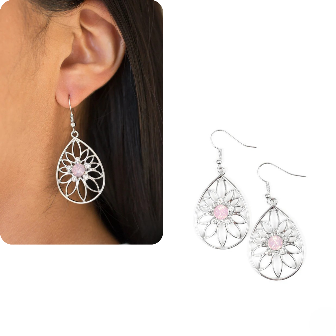 Silver Teardrop Earrings w/ Opal & Rhinestone Details