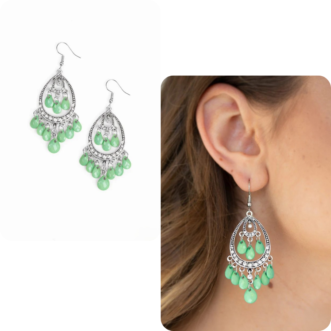 Silver Filigree Earrings w/ Mint Green Dangle Beading