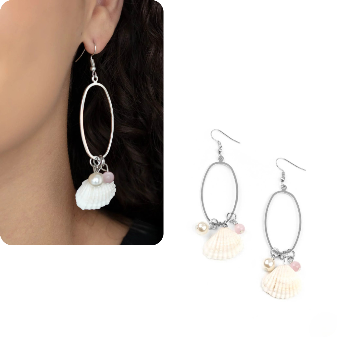 Silver Oval Earrings w/ Shell & Moonstone Details