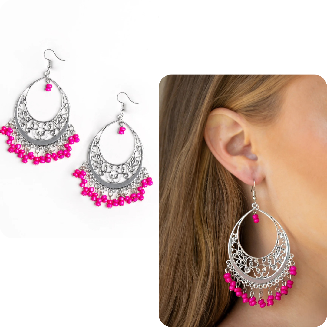 Silver Filigree Earrings w/ Pink Dangle Stones