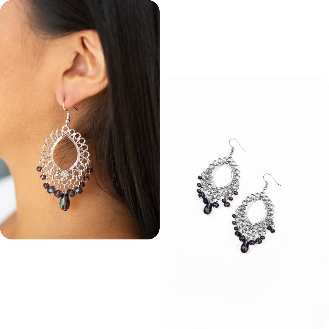 Silver Filigree Earrings w/ Drop Purple Faceted Beading