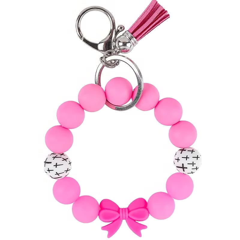 Pink Bow Beaded Wristlet w/ Cross Bead Detail