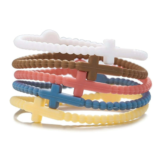 Silicone Cross Bracelet Set - White, Brown, Coral, Blue, & Yellow