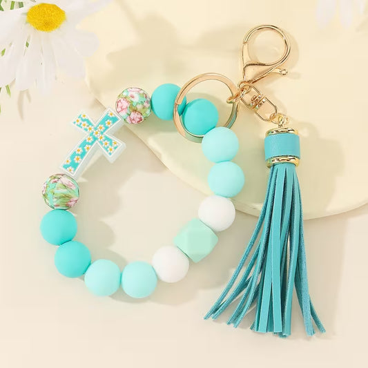 Teal Floral Cross Beaded Wristlet Keychain