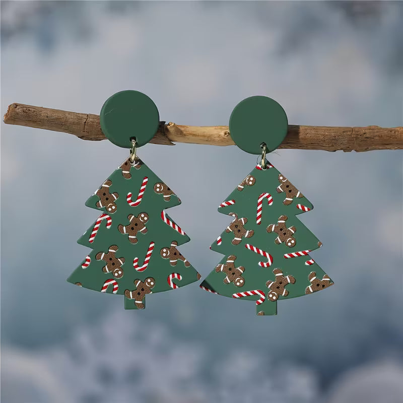 Acrylic Christmas Tree Earrings w/ Gingerbread & Candy Cane Design