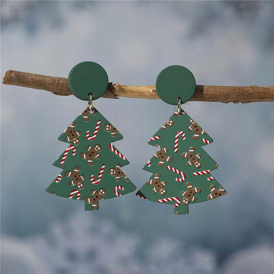 Acrylic Christmas Tree Earrings w/ Gingerbread & Candy Cane Design