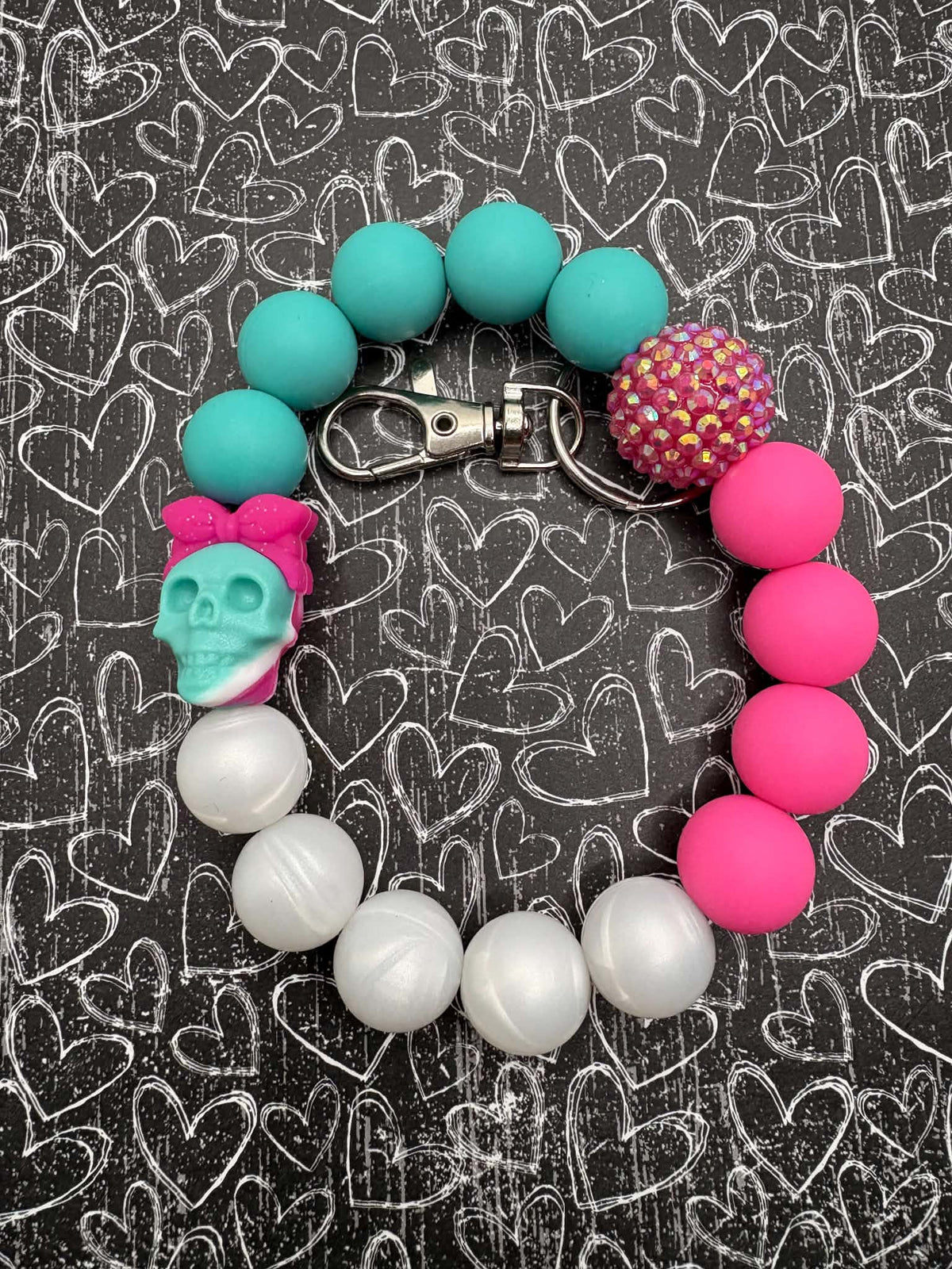 Pink, Teal, & White Beaded Skull Wristlet Keychain