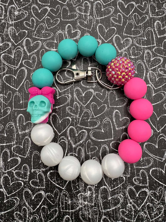 Pink, Teal, & White Beaded Skull Wristlet Keychain