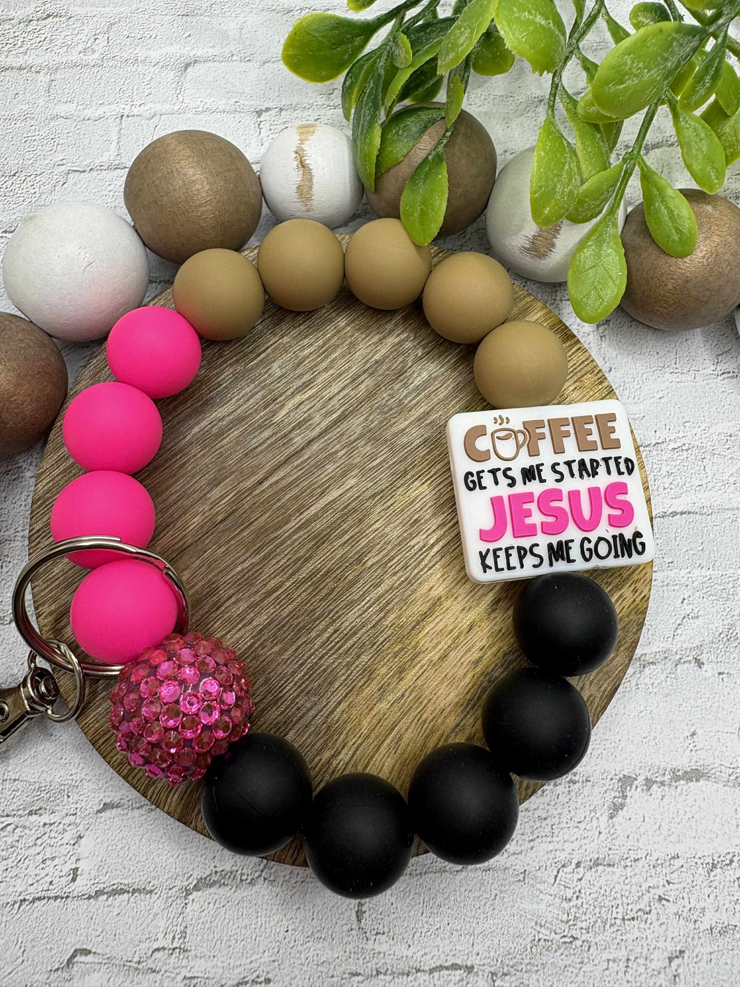 Coffee gets me started Jesus keeps me going Beaded Wristlet Keychain