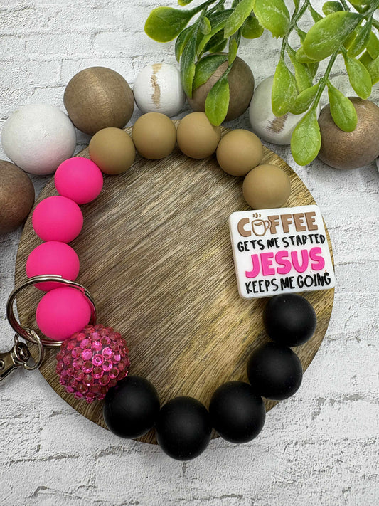 Coffee gets me started Jesus keeps me going Beaded Wristlet Keychain