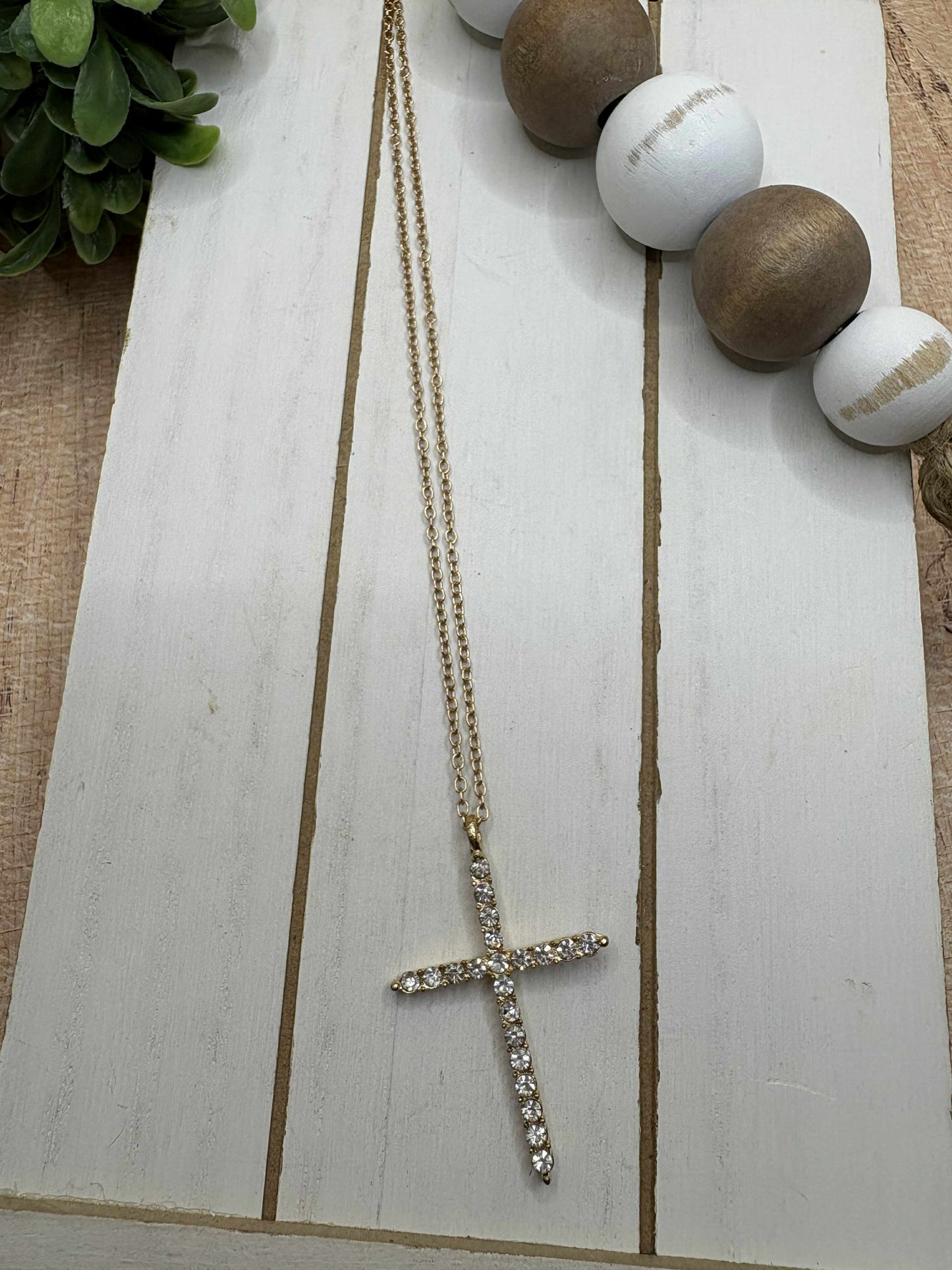 Gold Cross Necklace w/ Rhinestones