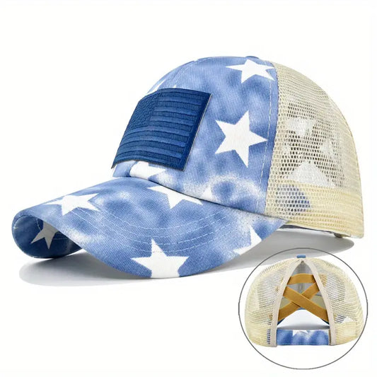 Blue American Flag Ponytail Hat w/ Stars