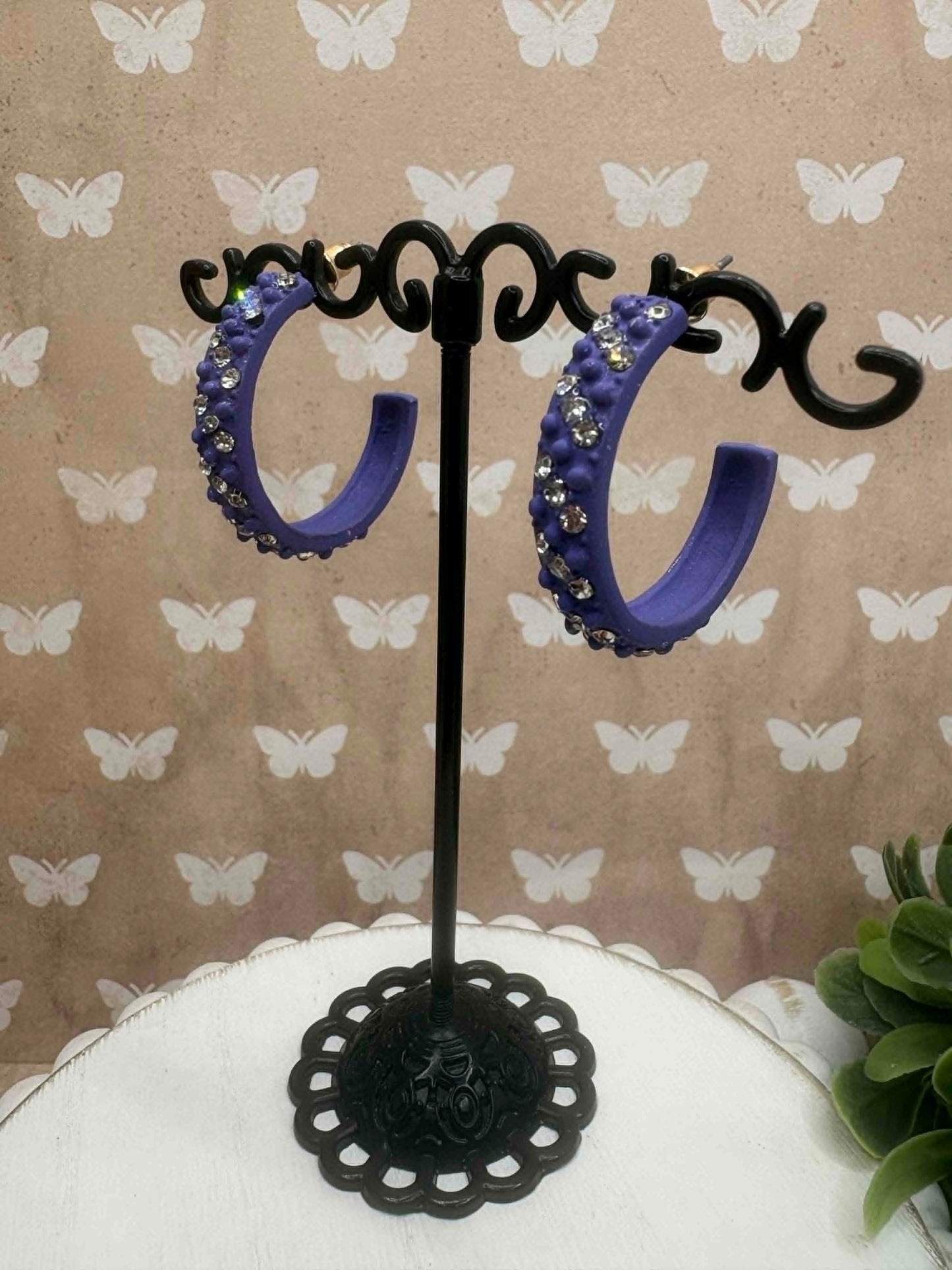 Purple Rhinestone Hoop Earrings
