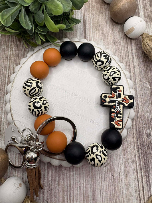 Brown & Black Beaded Cross Jesus Wristlet
