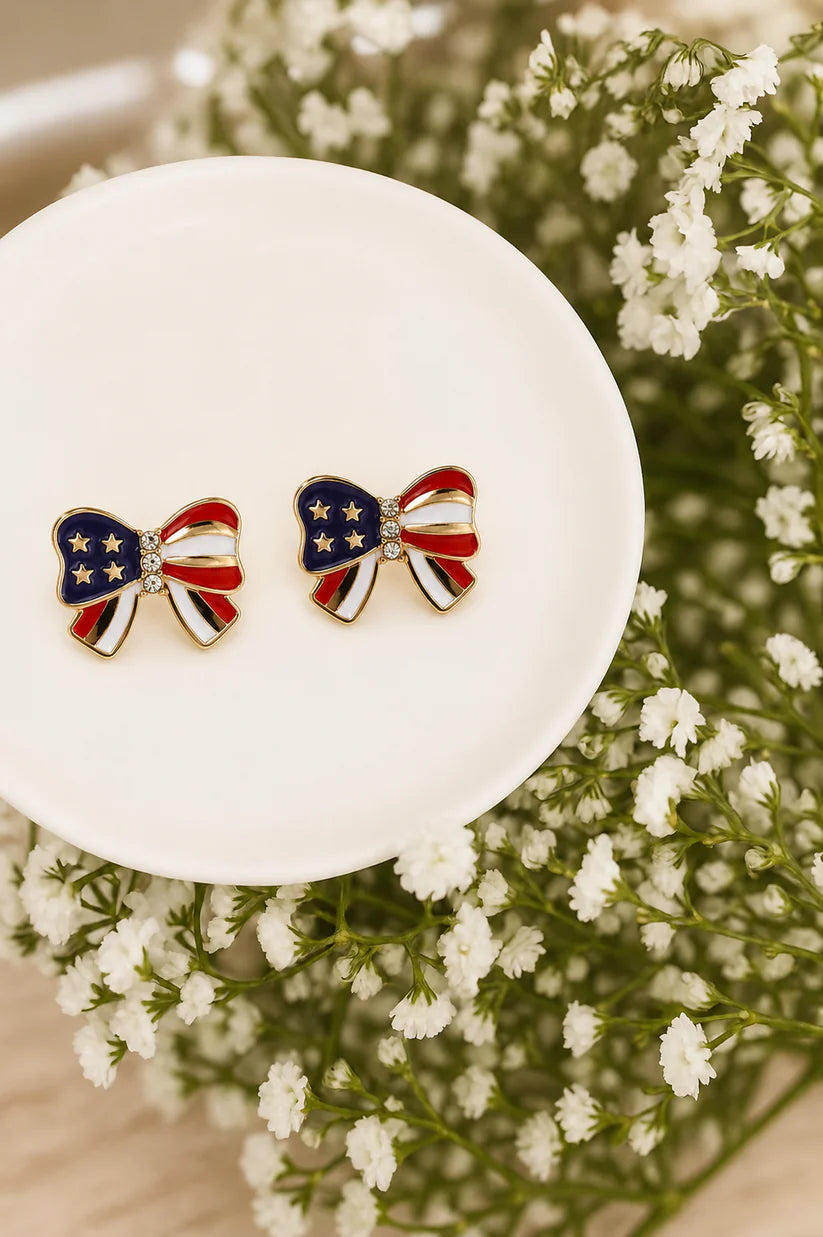 Red, White, & Blue Bow Earrings on a Gold Setting
