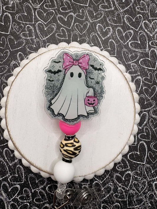 Pink Ghost Halloween Beaded Badge Reel