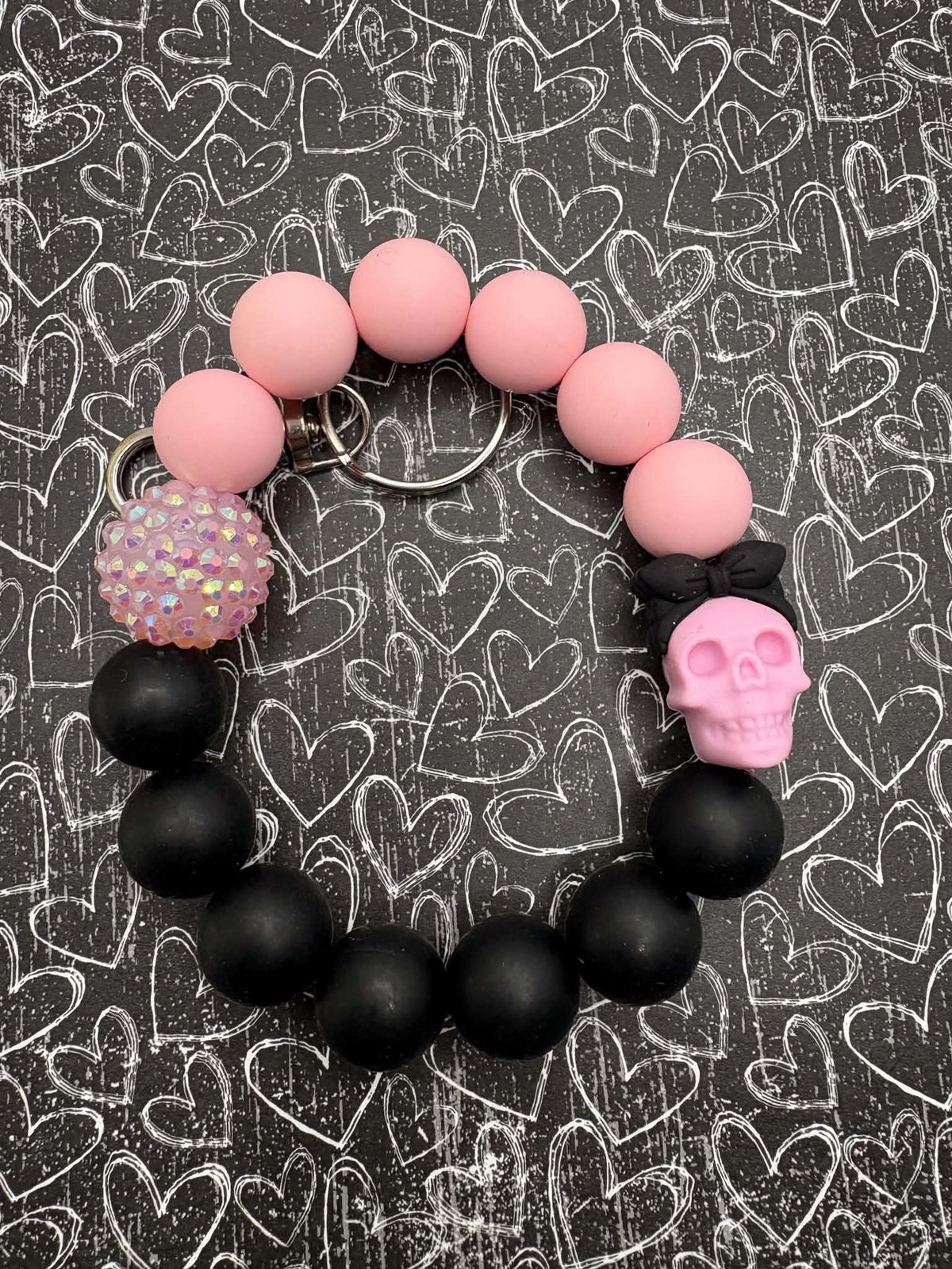 Pink & Black Skull Beaded Wristlet