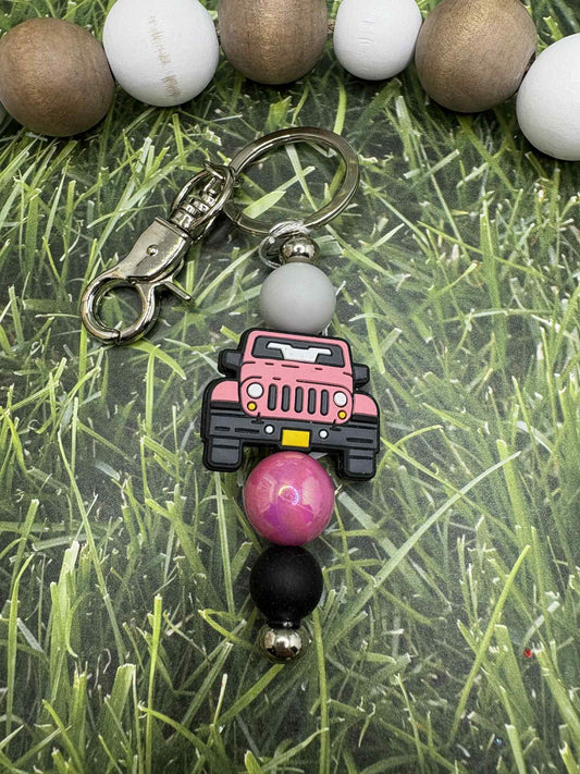 Pink Truck Beaded Keychain