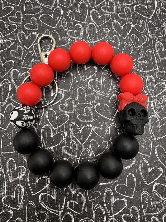 Black & Red Skull Beaded Wristlet Keychain