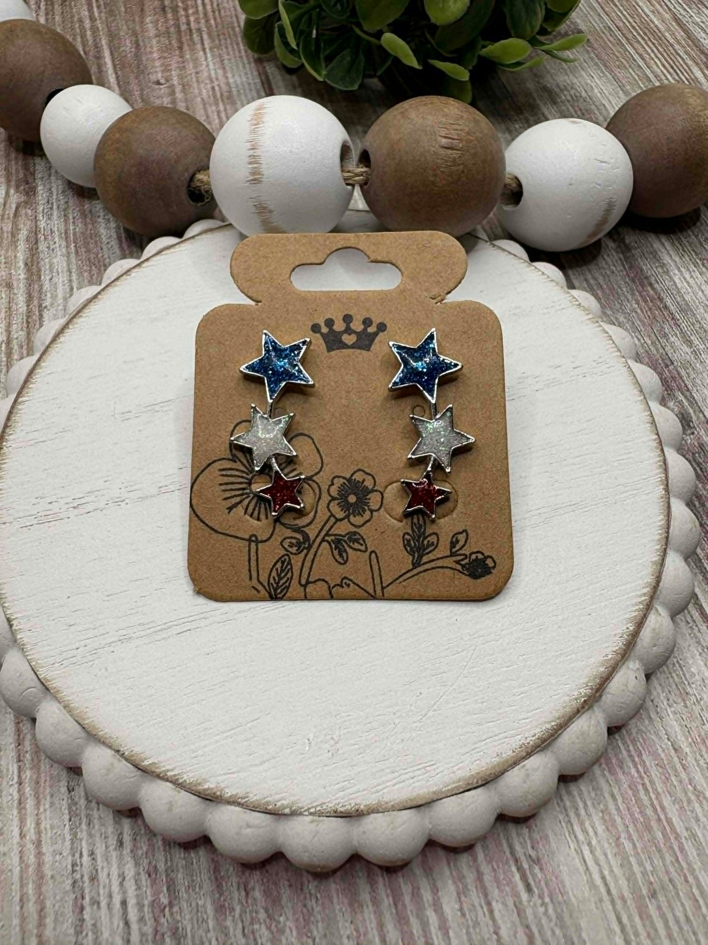 Blue, White, & Red Stars Glitter Ear Crawler Style Earrings