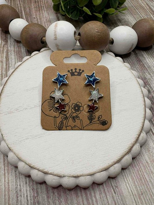 Blue, White, & Red Stars Glitter Ear Crawler Style Earrings