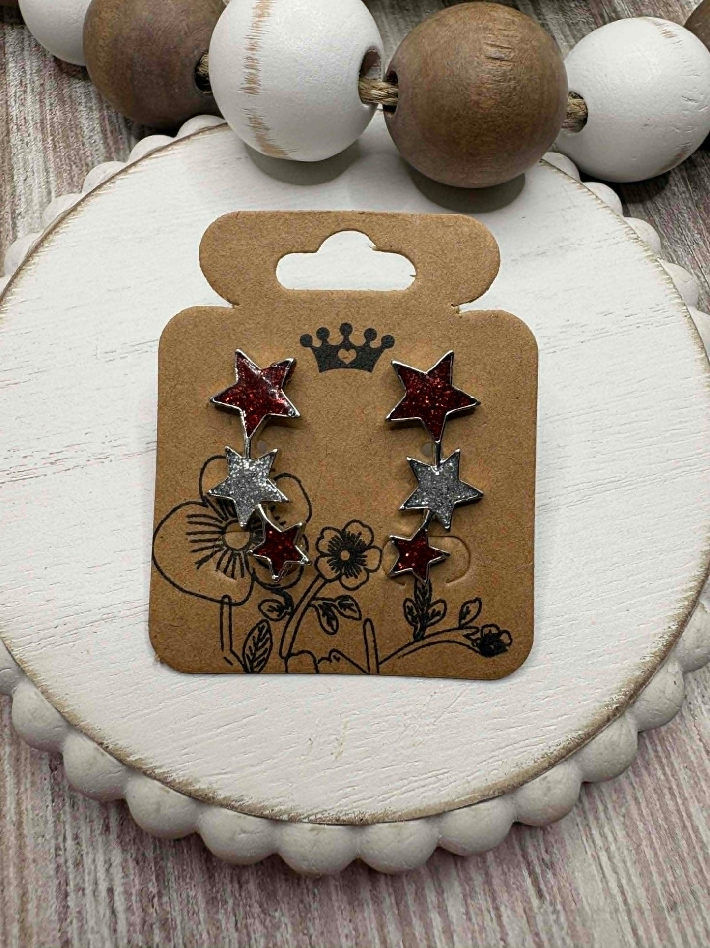 Red & Silver Gitter Star Ear Crawler Style Earrings