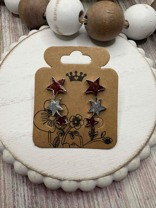 Red & Silver Gitter Star Ear Crawler Style Earrings