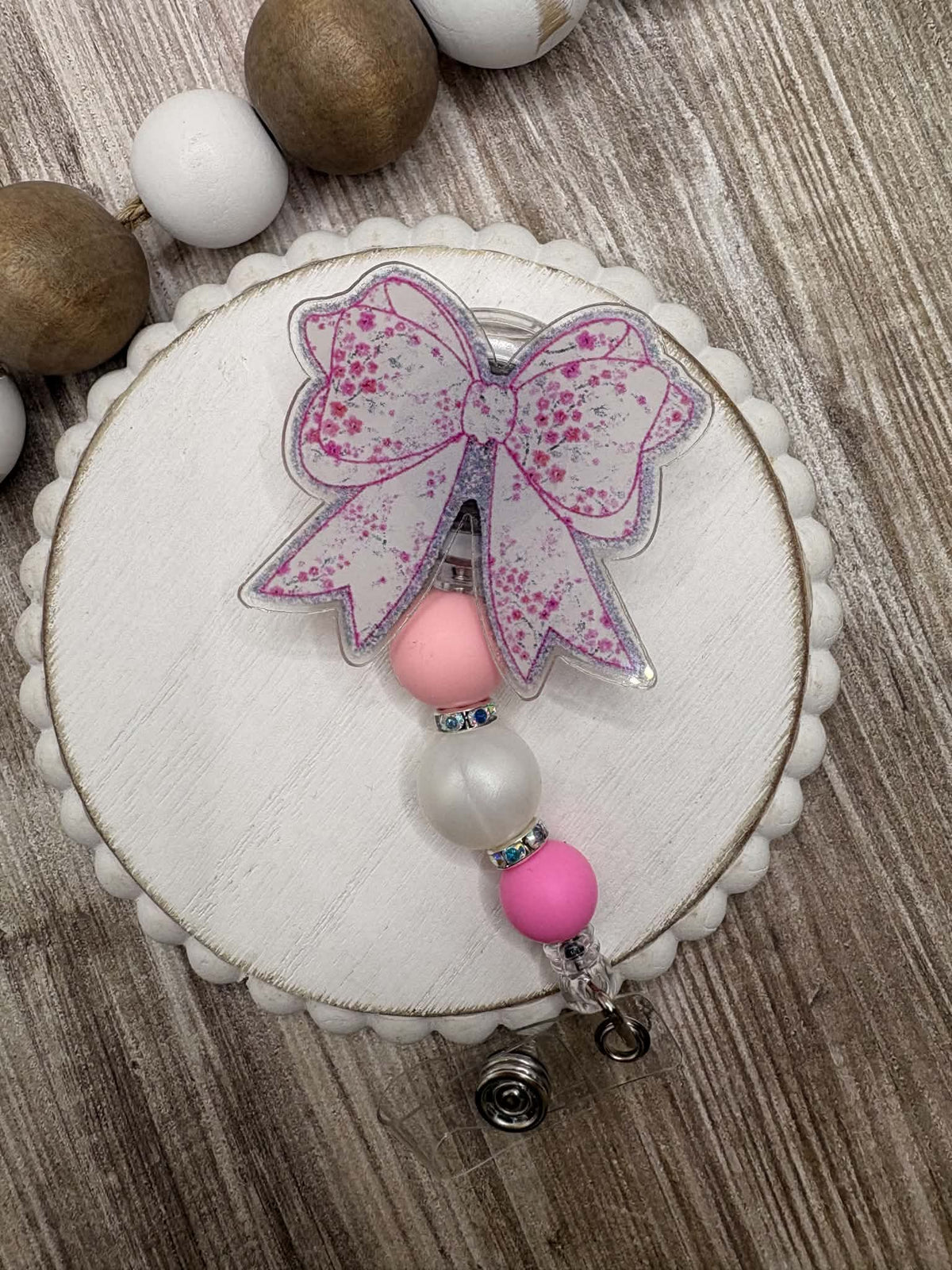 Pink Bow Beaded Badge Reel